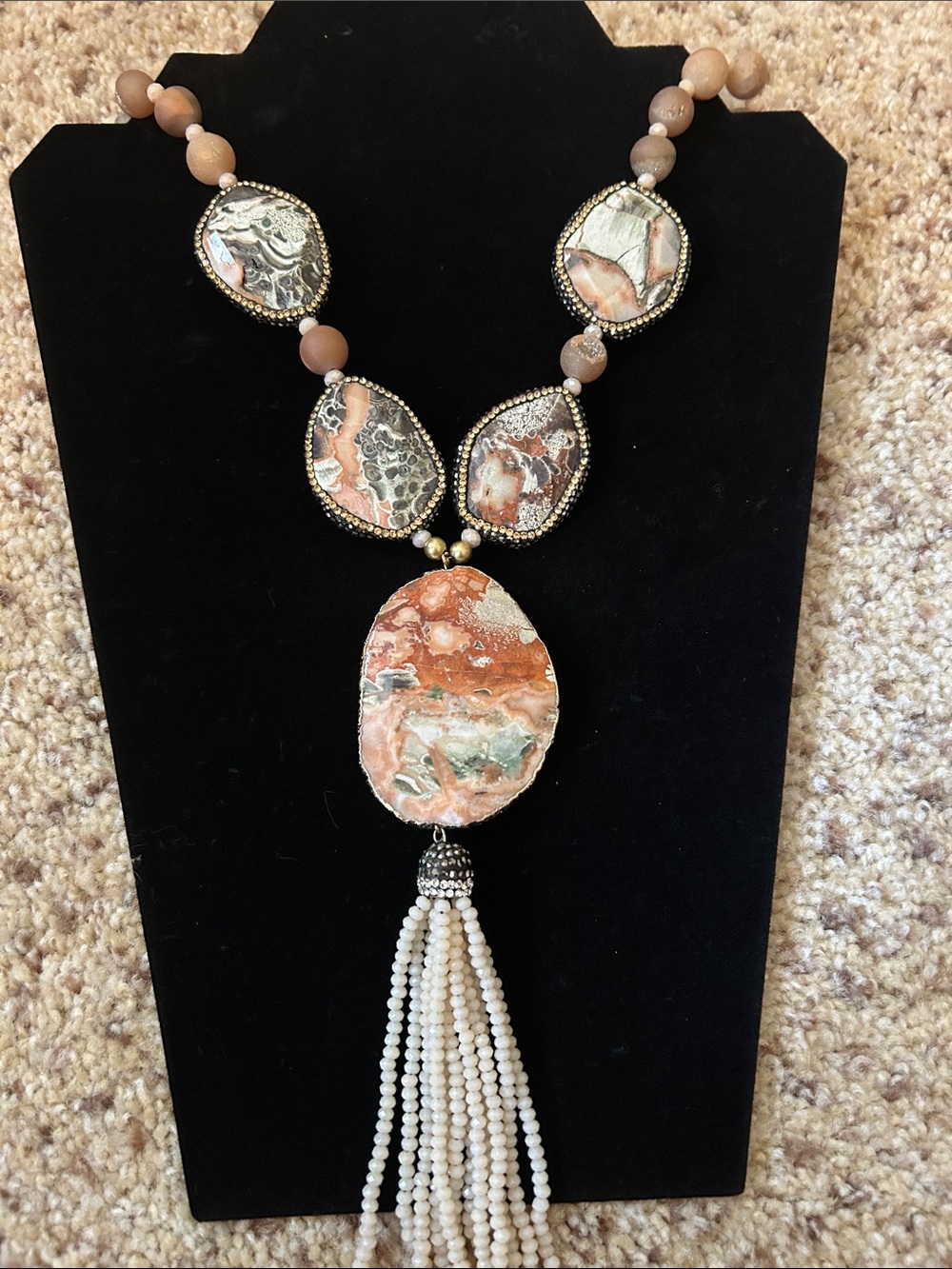 Handcrafted Pink & Cream Stone Pendant Tassel Necklace